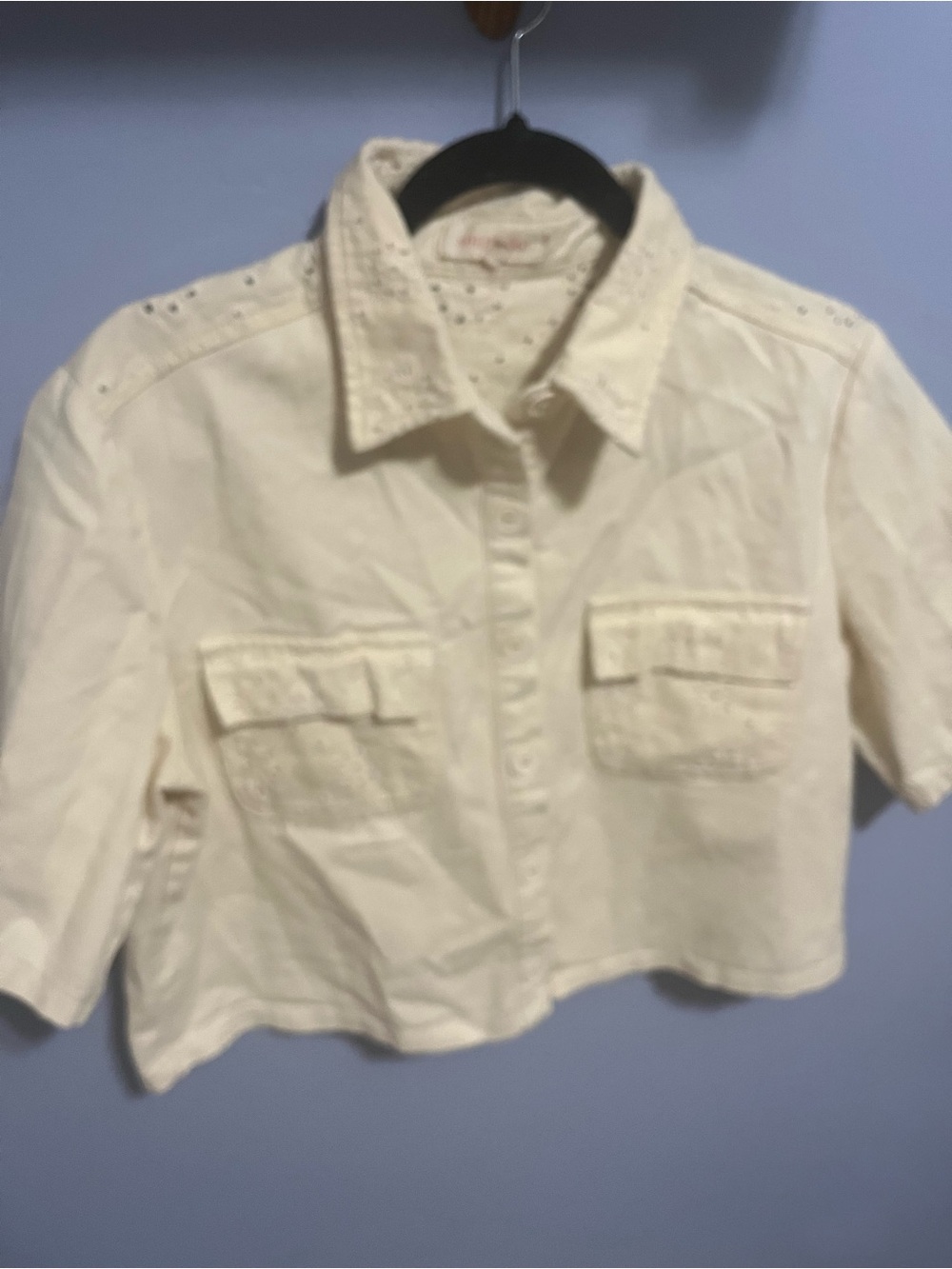 Solitaire Cream Eyelet Crop Button-Down Shirt